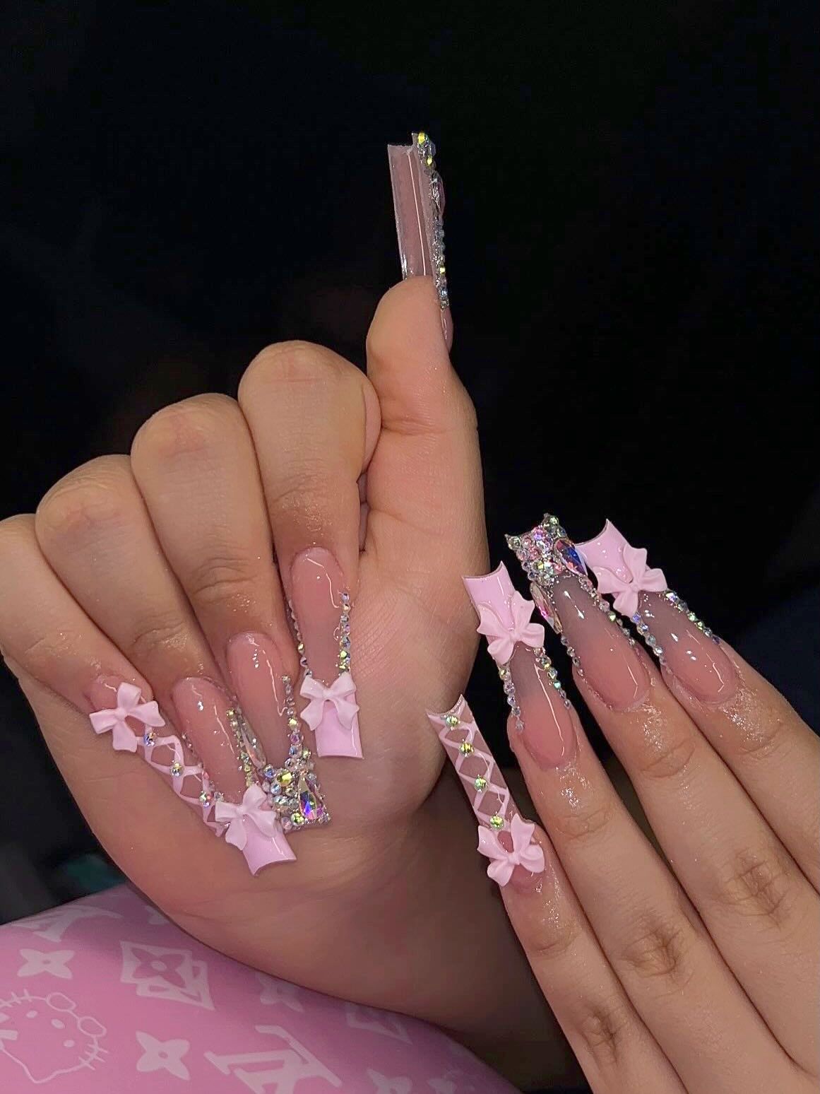 Long square set with pink bows and rhinestone crisscross