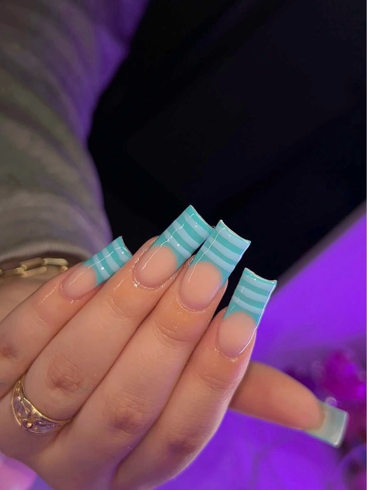 Square set with aqua striped French tips