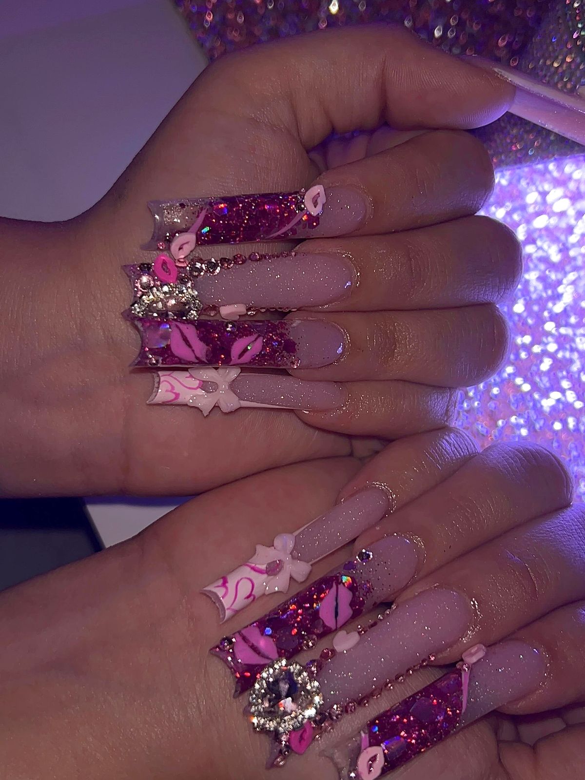 Long hot pink set with lip prints, bows and a rhinestone heart charm