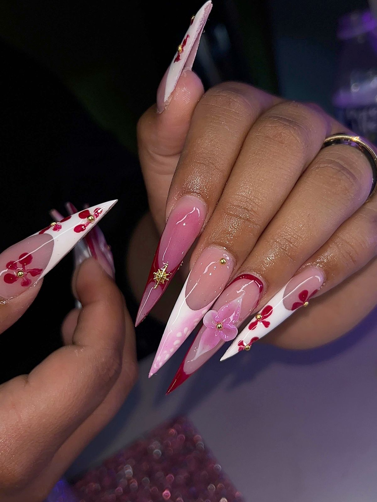 Pink and white stiletto set with red flowers