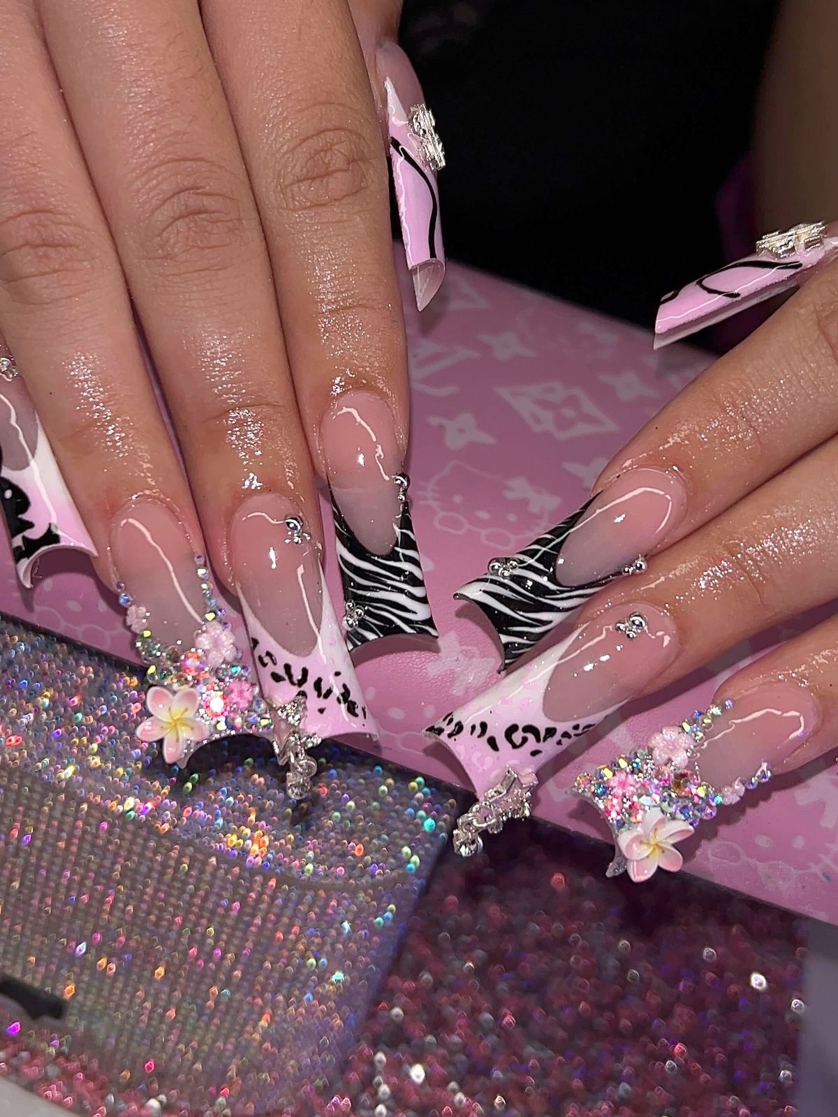 Pink zebra French set with flowers and gems