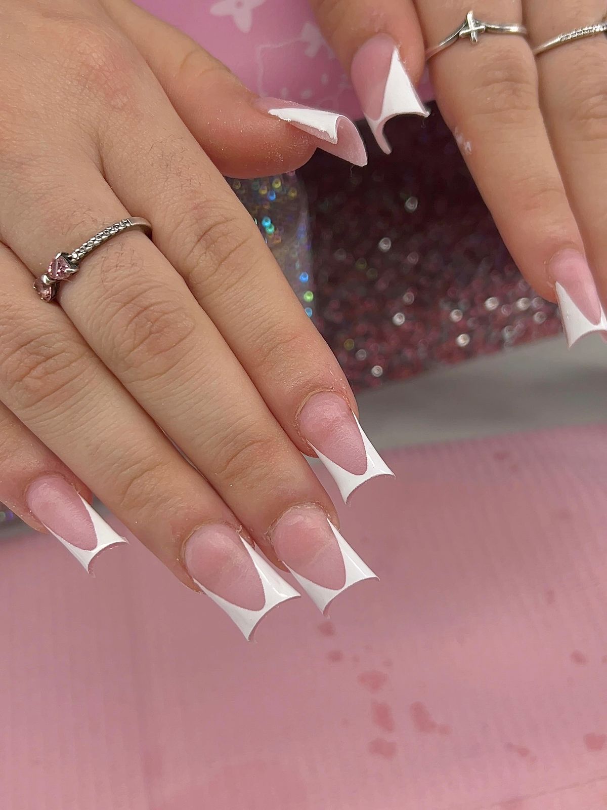 Square set with white V-cut French tips